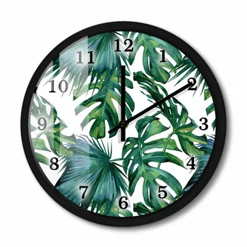 Настенные часы с тропическими листьями и пальмой в минималистичном металлическом каркасе, Ботанический Зеленый декор, Домашний декор, Бесшумные Настенные часы Monstera Jungle Leaf