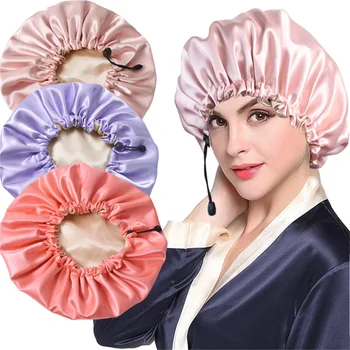 Новая женская однотонная двусторонняя атласная шапочка для вьющихся волос, Двухслойная регулируемая шапочка для сна, эластичная шапочка для волос, ночная шапочка для ухода за волосами