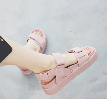 Новая летняя обувь для отдыха, женские сандалии на плоской подошве, Обувь из натуральной кожи, женские сандалии на толстой подошве, Розовый, черный DX025