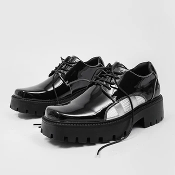 Новая мужская повседневная обувь из лакированной кожи на платформе с квадратным носком, на высоком массивном каблуке, на шнуровке, удобная дышащая обувь