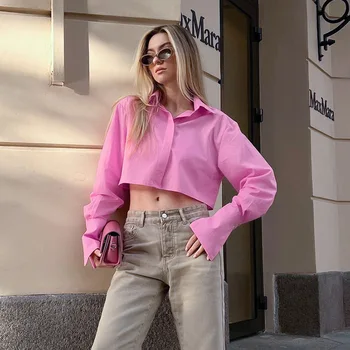 Новая Розовая Короткая Рубашка Осенняя Модная Универсальная Рубашка С Длинным Рукавом Уличная Мода Женские Топы