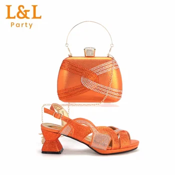 Новинка 2024 года оранжевого цвета, женская обувь на специальных каблуках с кристаллами и сумкой, высококачественные туфли-лодочки с открытым носком для вечеринки