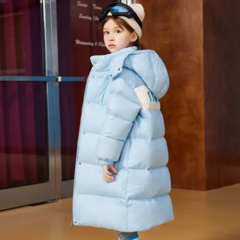 Новинка зимы 2023, детский пуховик для девочек, розовое модное длинное теплое толстое пальто, куртка на утином пуху для защиты от холода, водонепроницаемая куртка для юниоров