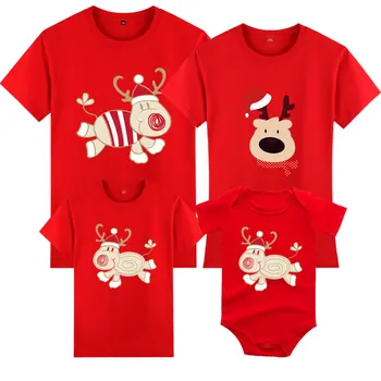 Новогодняя футболка для девочек, мальчиков, мамы, папы, Рождественская футболка для взрослых и детей, детский комбинезон из хлопка с короткими рукавами и мультяшным рисунком, подходящая для семьи одежда