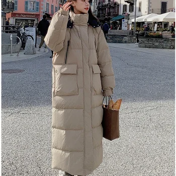Новое длинное женское пуховое хлопчатобумажное пальто 2024 года с капюшоном, толстое хлопчатобумажное пальто, свободное и теплое Модное женское зимнее пальто, женская куртка