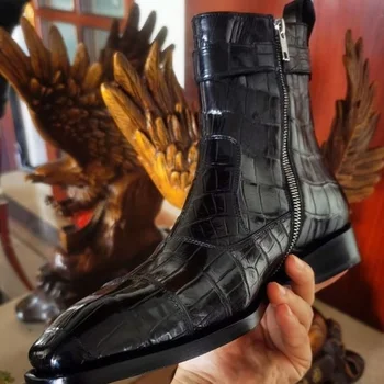 Новые коричневые мужские ботильоны на молнии с квадратным носком из черной крокодиловой кожи, модные деловые официальные мужские ботинки, размер 38-46