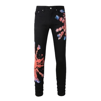 Новые поступления мужской потертой уличной одежды с черным принтом Граффити, обтягивающих рваных джинсов с рисунком Хай-стрит