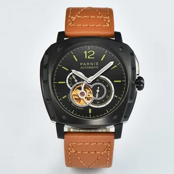 Новые Роскошные Часы Parnis 44 мм Черный Корпус Автоматические Механические Мужские Часы Кожаный Ремешок Сапфировое Стекло Мужские Часы reloj hombre
