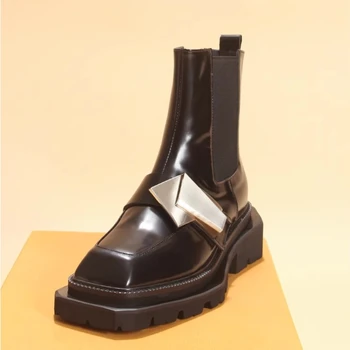 Новый дизайн, Мужские ботильоны, Лоферы с квадратным носком, обувь-дерби из натуральной кожи на толстой подошве с металлическим украшением, Роскошные кроссовки Zapatos 2C