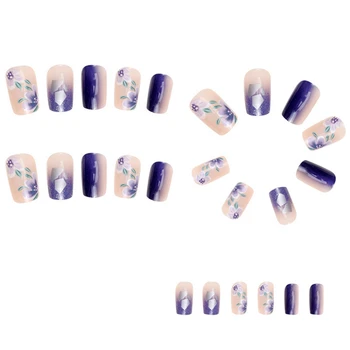 Носимые ногти с камелией ледяного синего градиента Для готовых носимых ногтей, наклейка для дизайна ногтей, готовые ногти тонкой работы
