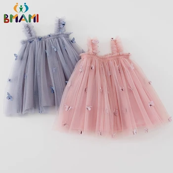 Одежда Для маленьких девочек, украшенная 3D бабочкой, без рукавов, сетчатое кружевное милое платье-слинг, пышное платье принцессы на день рождения для маленьких девочек