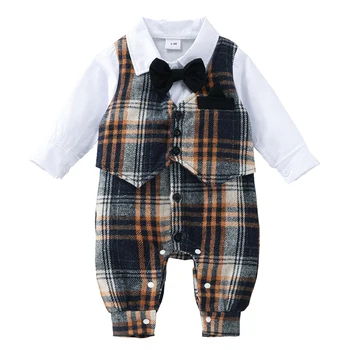 Одежда для новорожденных, детский комбинезон в клетку и лоскутное шитье, весенний хлопковый комбинезон на пуговицах для мальчиков с длинным рукавом