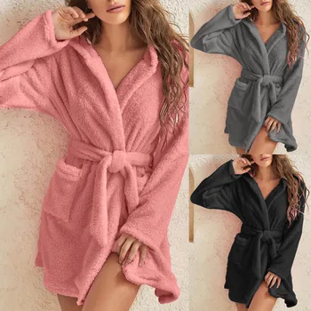 Однотонные топы из полиэстера и кашемира с V-образным вырезом, однотонная плюшевая пижама с капюшоном, халат для женщин, идеально сохраняющий тепло