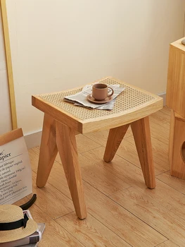Оригинальный деревянный квадратный табурет, обеденный стул, табурет для переодевания обуви из массива дерева для взрослых, плетеный стул со спинкой из ротанга, ins