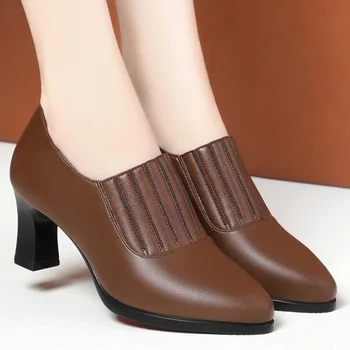 Осенние женские модные кожаные ботильоны на высоком каблуке 6,5 см, эластичные туфли-лодочки без застежки, противоскользящая резиновая подошва, современные ботинки