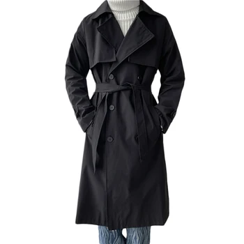 Осенний мужской тренч в корейском стиле 2023, мужская уличная одежда, черная ветровка, Тренчкот, Мужское Деловое Повседневное Свободное Длинное пальто
