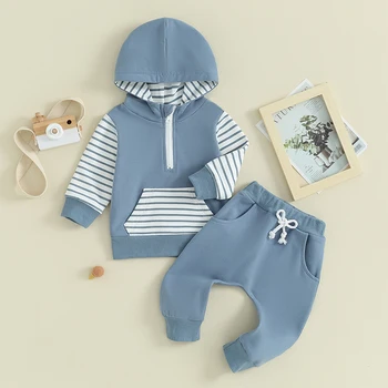 Осенняя одежда для маленьких мальчиков, полосатый топ с капюшоном и длинными рукавами и комплект брюк для бега трусцой с эластичной резинкой на талии