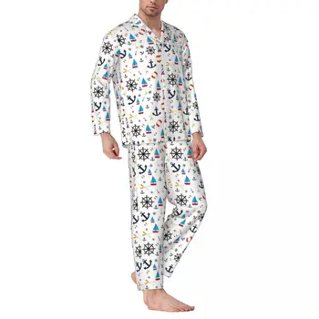 Пижамы для летних каникул Осенний Парусный Прибрежный Морской повседневный Пижамный комплект Оверсайз для мужчин с длинным рукавом Удобная пижама для сна