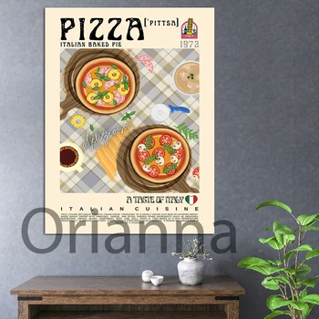 Плакат с пиццей в винтажном стиле, Итальянская кухня, Настенное искусство, Современный декор кухни, Иллюстрация итальянской кухни, Холст для декора стен в стиле ретро