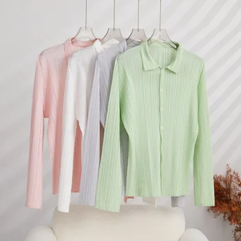 Плиссированная рубашка Miyake Снаружи, женская повседневная однобортная однотонная футболка с длинными рукавами, блузка большого размера