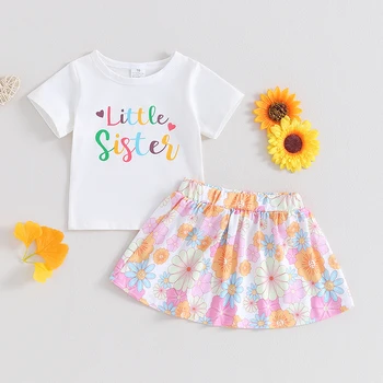 Подходящая одежда для маленьких девочек и сестер, футболки с короткими рукавами, топы, юбки с цветочным принтом, комплект одежды из 2 предметов