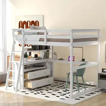Полноразмерная деревянная кровать-чердак Euroco с Письменным столом, Полками и шкафчиками для Детской комнаты, Наклонной лестницей и 3 Выдвижными ящиками, Белый