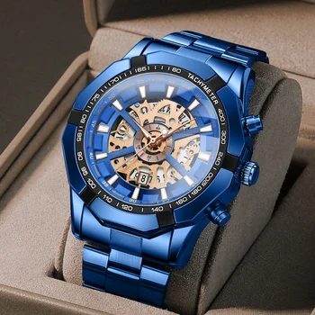 Полые немеханические водонепроницаемые часы Binbond Hot Mechanical Watch Синие мужские часы