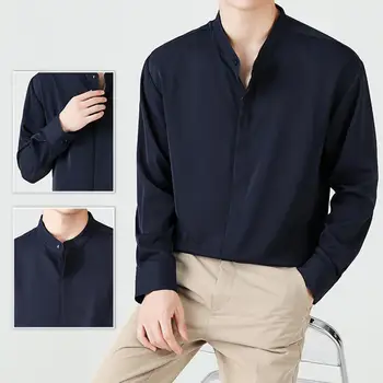 Приталенная рубашка, мужская однобортная деловая рубашка со стоячим воротником, Приталенный однотонный топ средней длины с длинным рукавом на осень