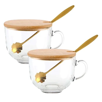 Прозрачные стаканы для питья с ручкой, с бамбуковыми крышками и ложечками в цвет вишни, для чая, хлопьев, йогурта