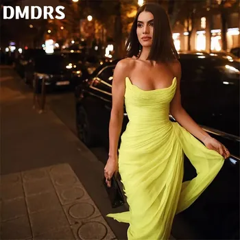 Простые желтые вечерние платья-футляр, длинные платья для выпускного вечера, шифоновые женские вечерние платья со складками по бокам