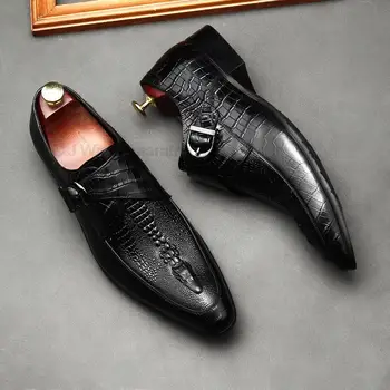 Размеры с 38 по 46, Мужские модельные туфли из натуральной кожи с рисунком крокодила, Оксфорды с двойными пряжками, деловые официальные туфли Мужские