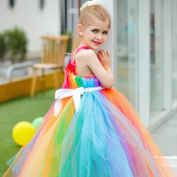 Разноцветное платье-пачка для маленькой девочки, детское пышное бальное платье-пачка из тюля ручной работы с бантом из цветочной ленты, детское платье для свадебной вечеринки