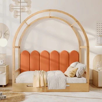 Расширяемая кровать с Арочной крышей, Раздвижная кровать, Детская кровать, Натуральная и оранжевая (140x100 см и 140x200 см)