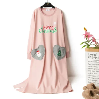 Свободная Махровая хлопчатобумажная ночная рубашка с длинным рукавом, Милая Повседневная ночная рубашка, Рождественское Мультяшное ночное платье, Женское осеннее платье Оверсайз