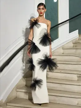 Сексуальное женское длинное платье без бретелек из 3D черного тюля с цветочным узором, облегающее вечернее платье для вечеринки в клубе знаменитостей Vestidos