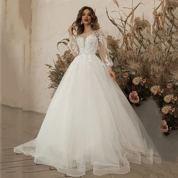 Сексуальное свадебное платье FISA из тюля с однолинейными складками на плечах и длинным рукавом, кружевное свадебное бальное платье 2024 года, большие размеры для женщин, Vestidos De
