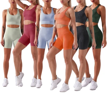 Сексуальный женский спортивный комплект из двух предметов, бесшовный однотонный эластичный костюм для занятий йогой и бодибилдингом для женщин, новый стиль 2021 г.