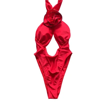 Сексуальный красный цветок, купальники с открытой спиной, женский цельный купальник, Монокини с вырезами, Купальный костюм с высокими штанинами, Одежда для плавания 2024