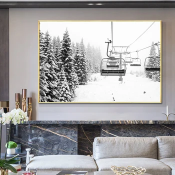 Снежная ель, горнолыжный подъемник, Черно-белое фото, печать на холсте, Природа, горный пейзаж, Настенный художественный плакат для гостиной, домашний декор
