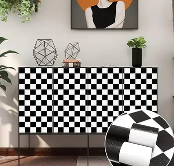 Современные самоклеящиеся обои в черно-белых квадратах из ПВХ, контактная наклейка на стену для кухни, декора мебели в ванной комнате
