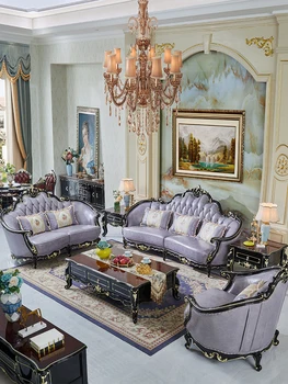 Сочетание кожаного дивана в европейском стиле, высококачественная резьба по дереву, роскошная вилла, мебель в американском и французском стиле