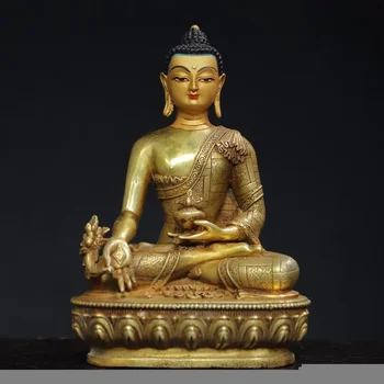 Старая медная статуя Будды-гуру медицины династии Цин, ручная работа, ручная роспись, № 02
