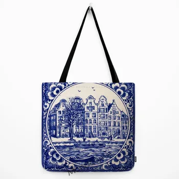 Традиционный Нидерландский сувенир Holland Delft Blue С художественным рисунком Milkmaid Canal House, Хлопчатобумажная Льняная сумка для покупок, сумка через плечо