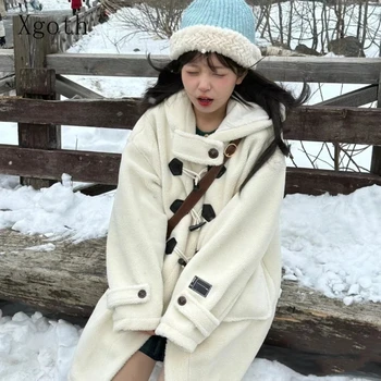 Тренч с капюшоном на пуговицах из японского коровьего рога, женское пальто, зимнее плюшевое пальто в стиле Лолиты, утолщенное и свободного кроя, куртка средней длины в ленивом стиле