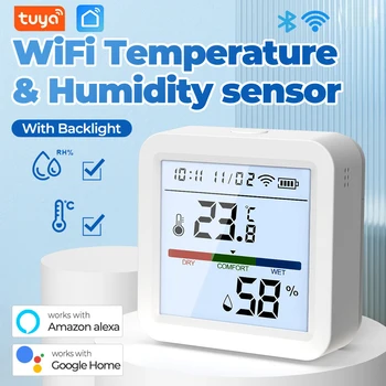 Умный датчик температуры и влажности Tuya Wifi с ЖК-экраном, беспроводной термометр с подсветкой, работает с Alexa Google Home