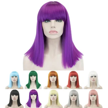 Фиолетовый парик для косплея из коротких натуральных волос с прямой челкой, карнавальные парики на Хэллоуин для женщин