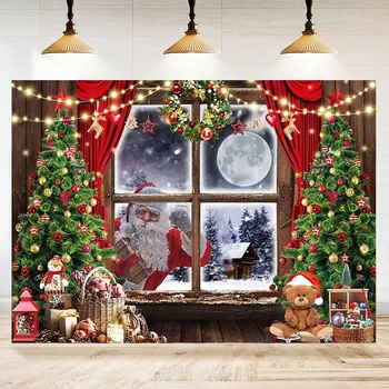 Фон для зимней Рождественской фотографии, Окно с Ночным Снегом, Фон Санта-Клауса, Рождественская Елка, Детский Семейный портрет, Стена, баннер для вечеринки