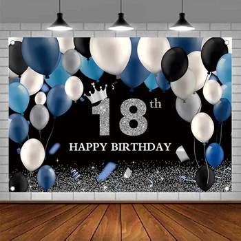 Фон для фотосъемки Черный и серебристый 18-й День рождения, темно-синие и белые воздушные шары, украшения в виде короны, баннер на восемнадцатом фоне