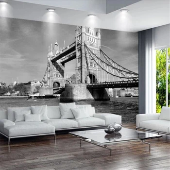 Фотообои beibehang на заказ, 3d тауэрский мост, ретро, черно-белый, европейская архитектура, пейзаж, ТВ-фон, обои