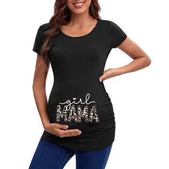 Футболка с коротким рукавом для беременных, женские топы с круглым вырезом и коротким рукавом, блузка с рюшами по бокам и буквенным принтом, Блузка-туника для беременных